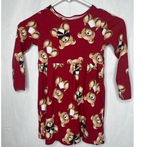 HM Girls Red Teddy Bear Print Long Sleeve Jersey Dress Size 5T 6